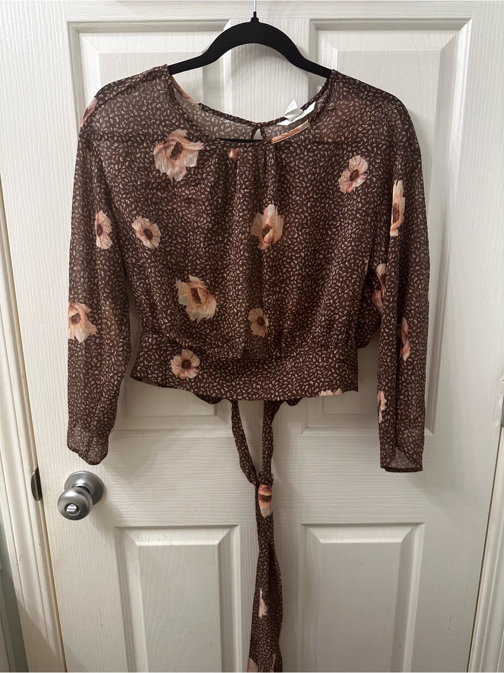 H&M Brown Floral Tie-Front Sheer Blouse